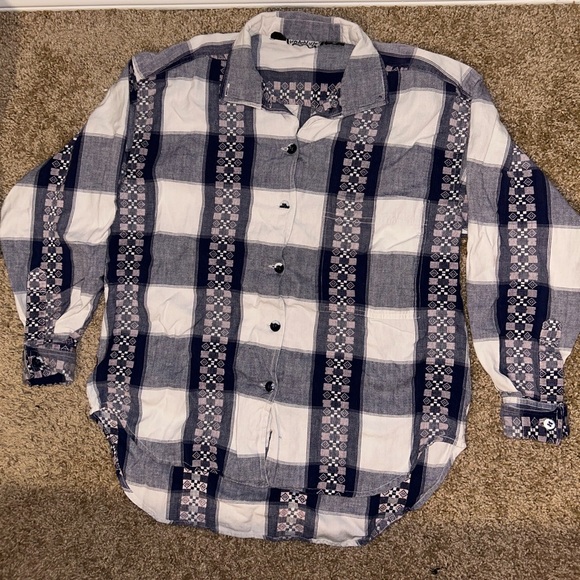 krazy kat Other - Vintage Krazy Kat Blue & White Aztec Pattern Plaid Button Up Shirt Size S |A111